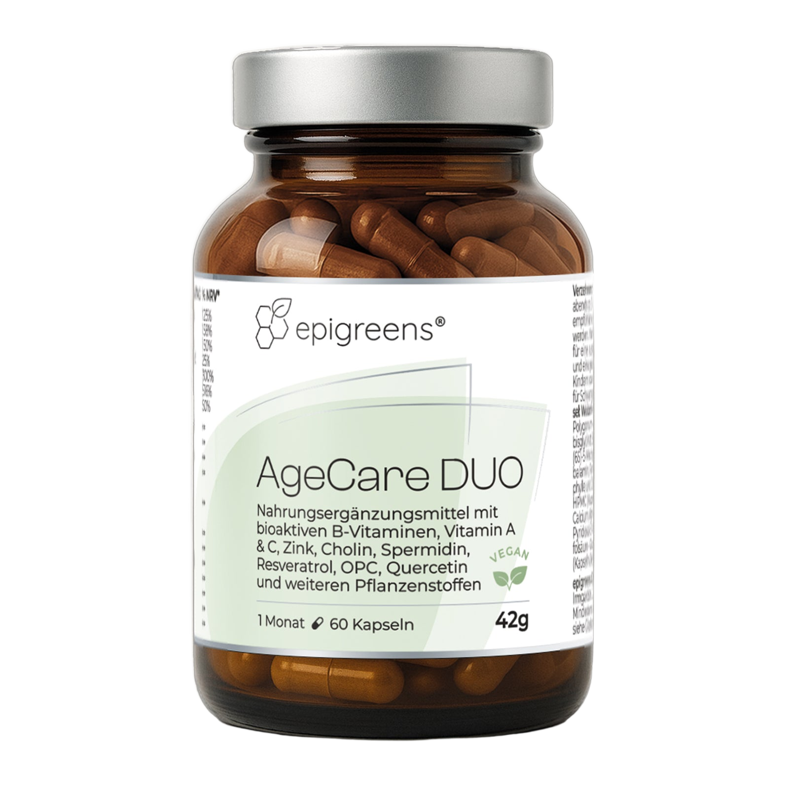 AgeCare DUO von epigreens® – Braunglas mit 60 Kapseln für 1 Monat, Vorderseite mit Etikett
