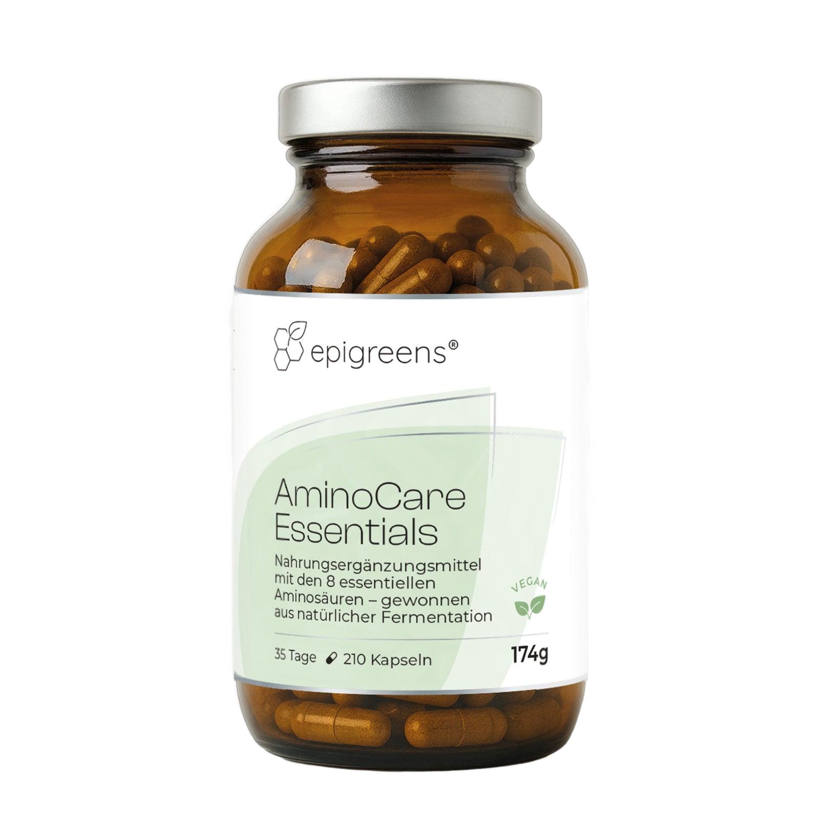 AminoCare Essentials von epigreens® – Braunglas mit 210 Kapseln für 35 Tage, Vorderseite mit Etikett
