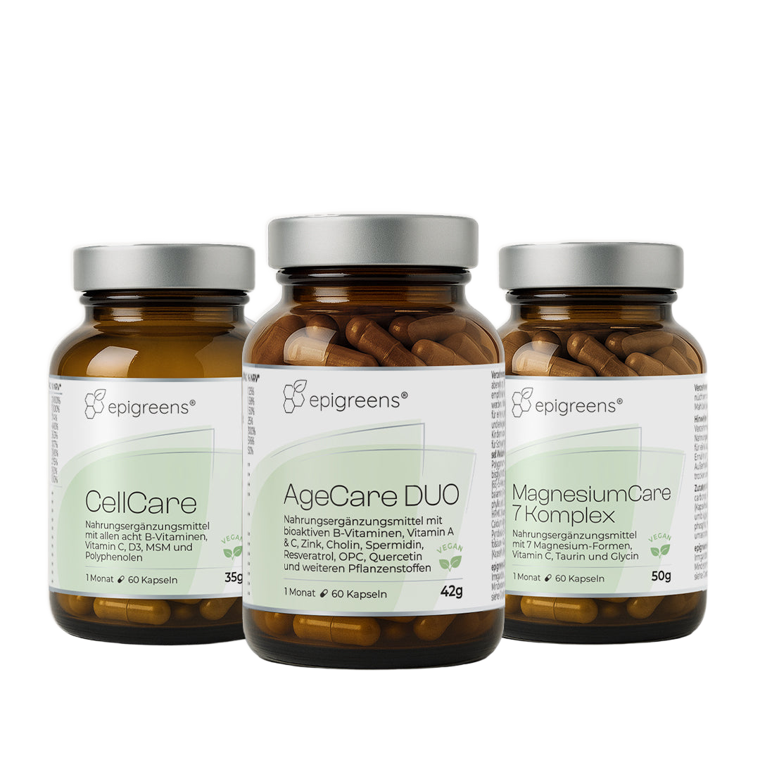 Zell-Bundle von epigreens® – drei Braungläser: CellCare, AgeCare DUO und MagnesiumCare 7 Komplex