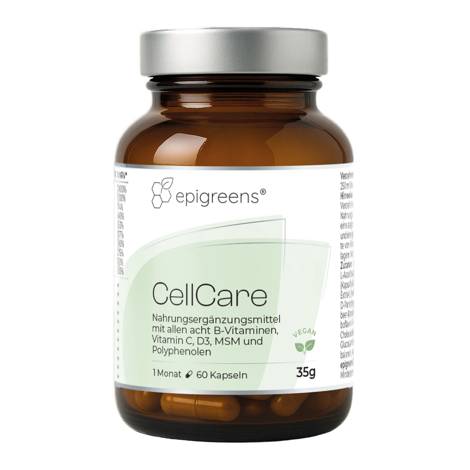 CellCare von epigreens® – Braunglas mit 60 Kapseln für 1 Monat, Vorderseite mit Etikett