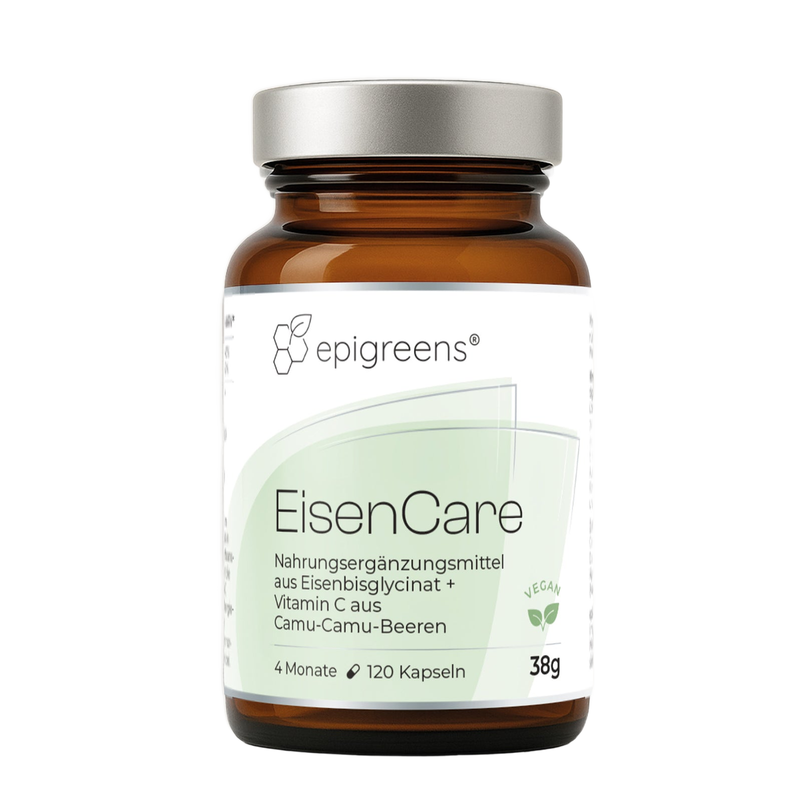 EisenCare von epigreens® – Braunglas mit 120 Kapseln für 4 Monate, Vorderseite mit Etikett