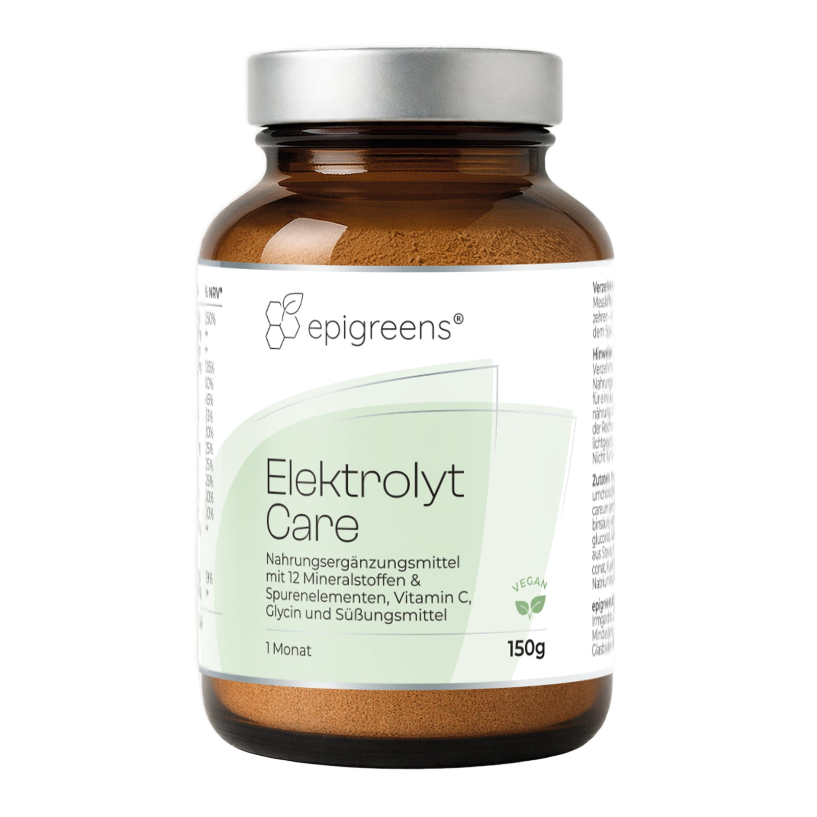 ElektrolytCare von epigreens® – Braunglas mit 150 g Pulver für 1 Monat, Vorderseite mit Etikett