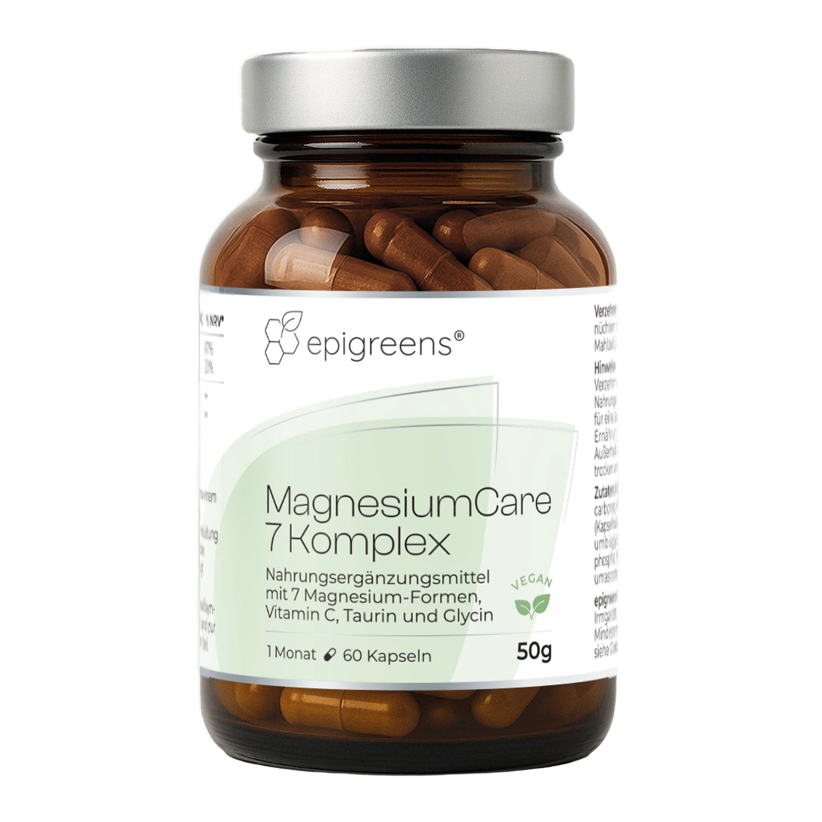 MagnesiumCare 7 Komplex von epigreens® – Braunglas mit 60 Kapseln für 1 Monat, Vorderseite mit Etikett