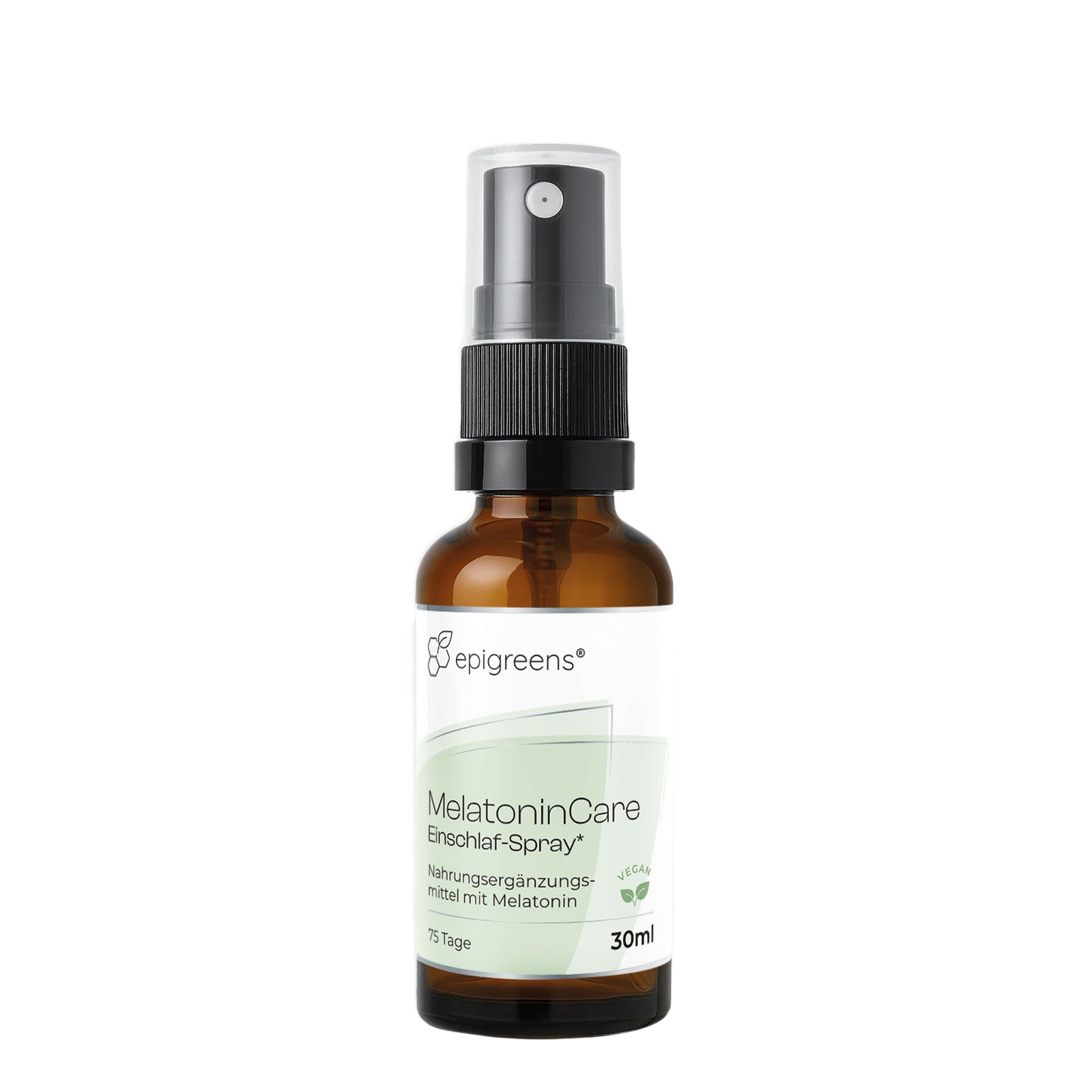 MelatoninCare von epigreens® – Braunglasflasche 30 ml mit Sprühkopf, Vorderseite mit Etikett