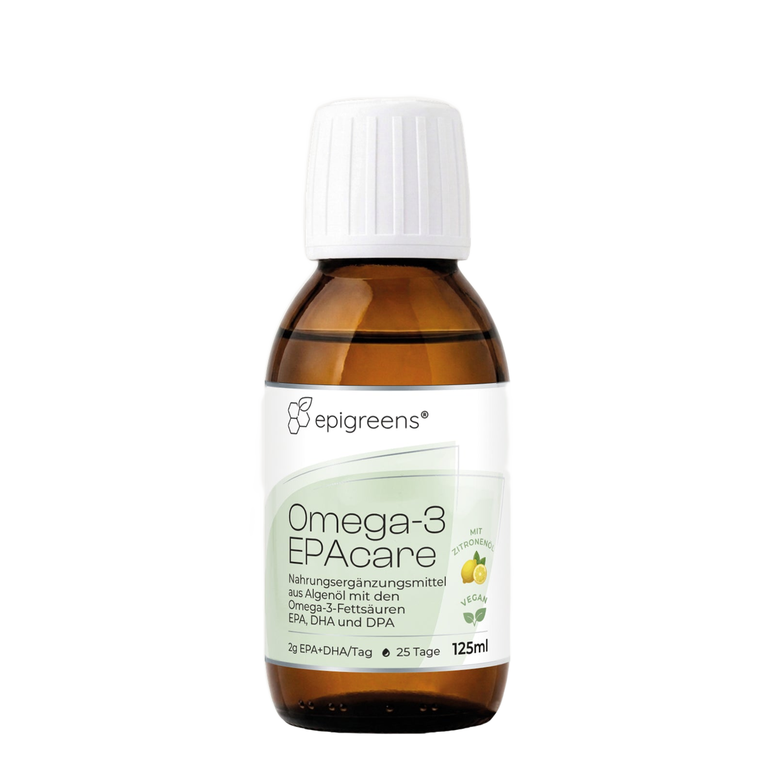Omega-3 EPAcare von epigreens® – Braunglasflasche 125 ml Algenöl, Vorderseite mit Etikett