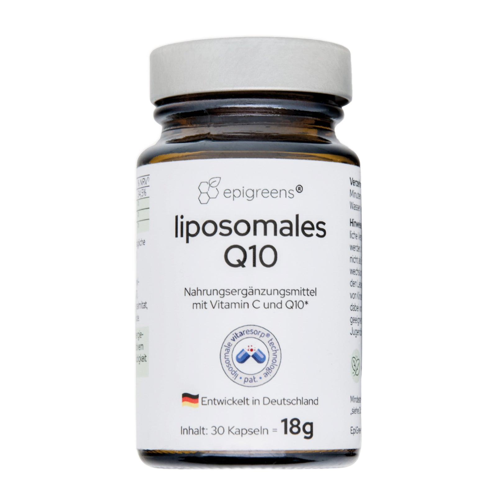Liposomales Q10 von epigreens® – Braunglas mit 30 Kapseln für 1 Monat, Vorderseite mit Etikett