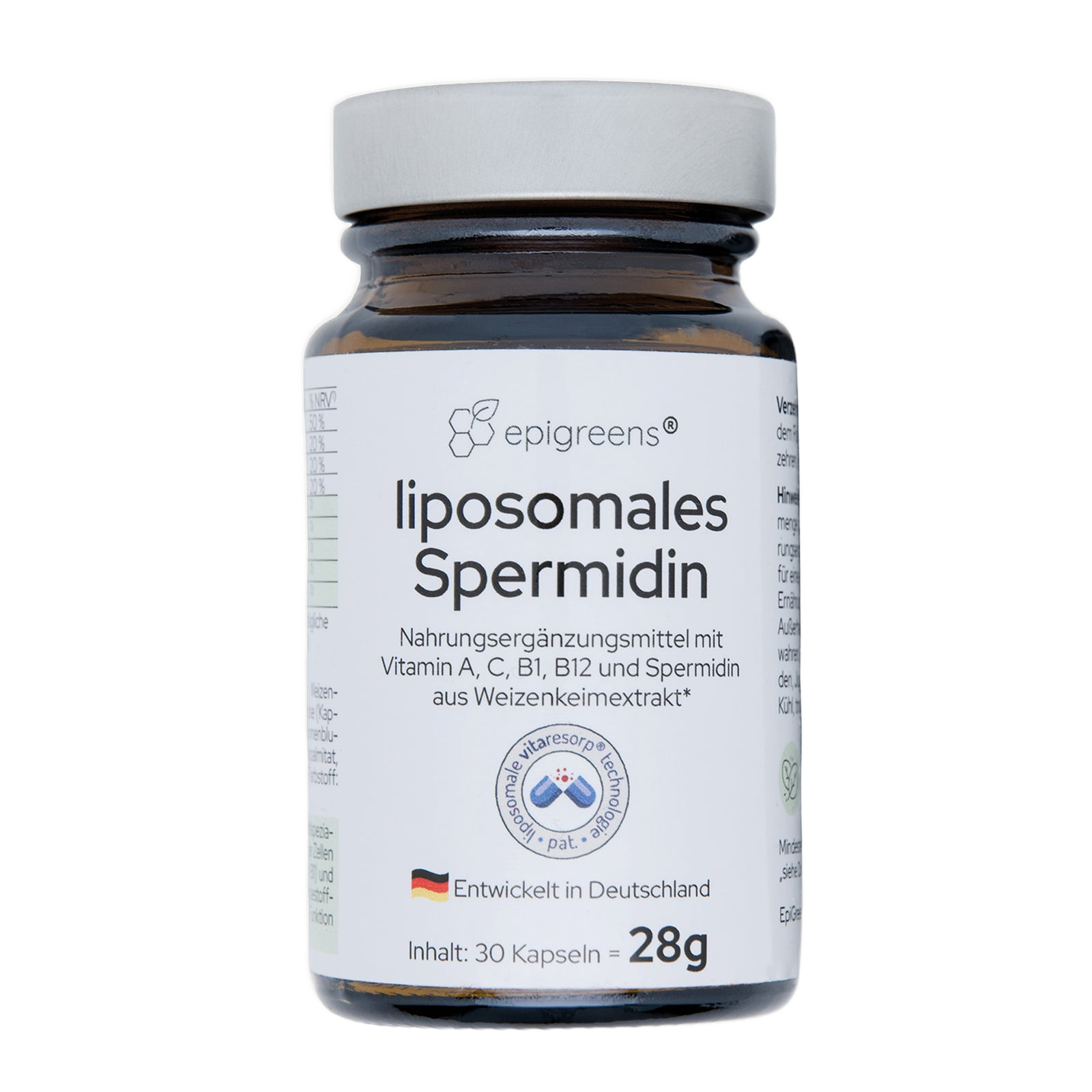 Liposomales Spermidin von epigreens® – Braunglas mit 30 Kapseln für 1 Monat, Vorderseite mit Etikett