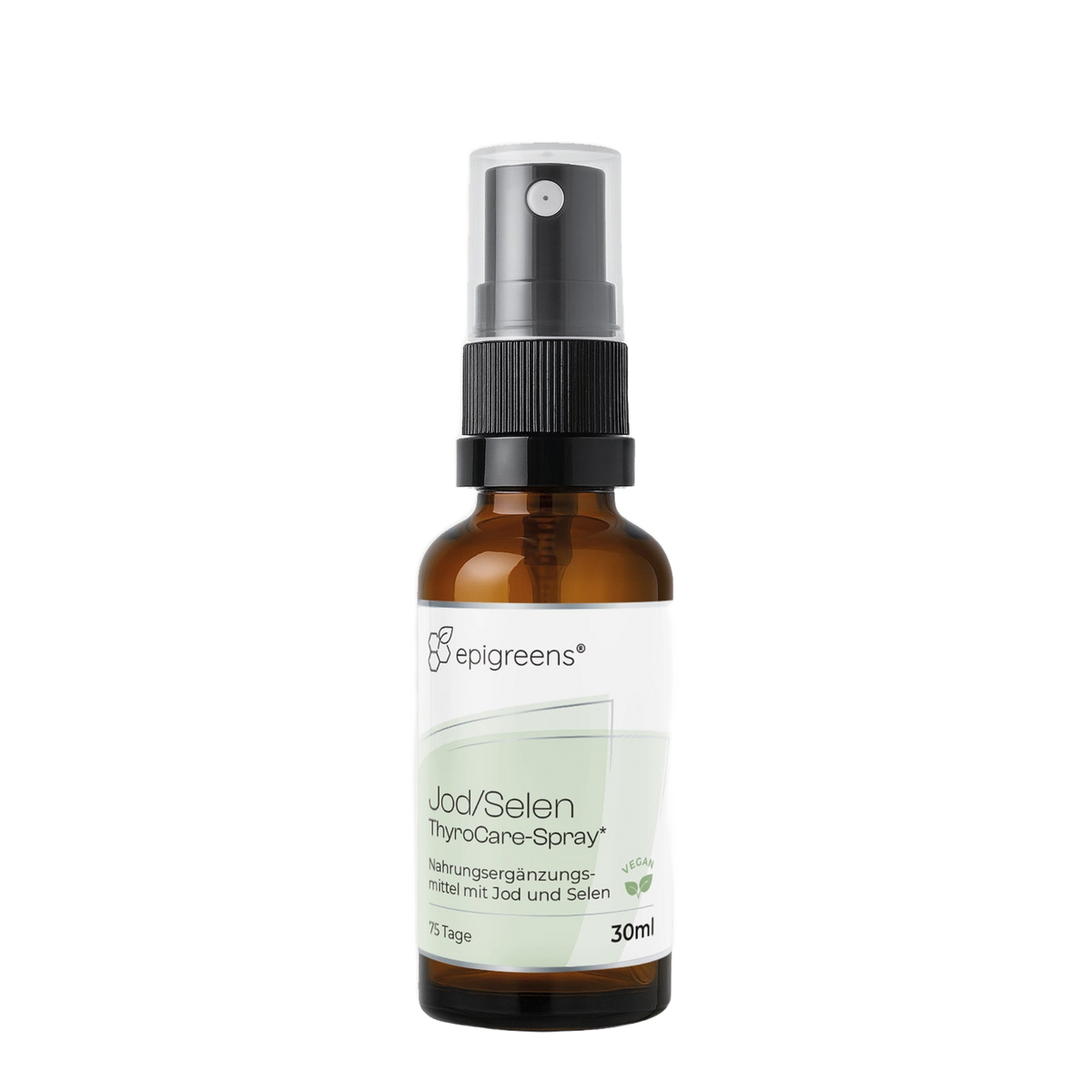 Jod/Selen ThyroCare-Spray von epigreens® – Braunglasflasche 30 ml mit Sprühkopf, Vorderseite mit Etikett