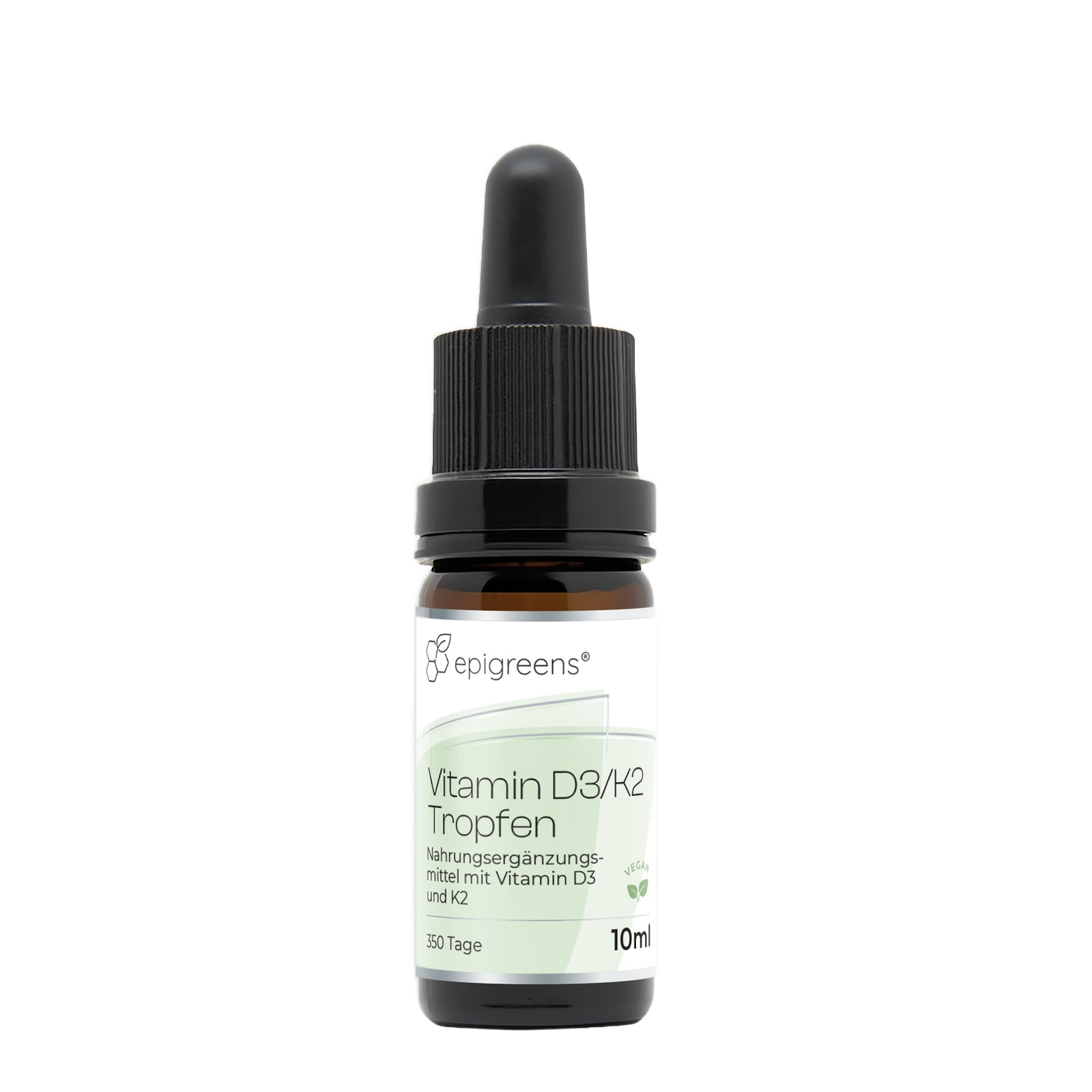 Vitamin D3/K2 Tropfen von epigreens® – Braunglasflasche 10 ml mit Pipette, Vorderseite mit Etikett