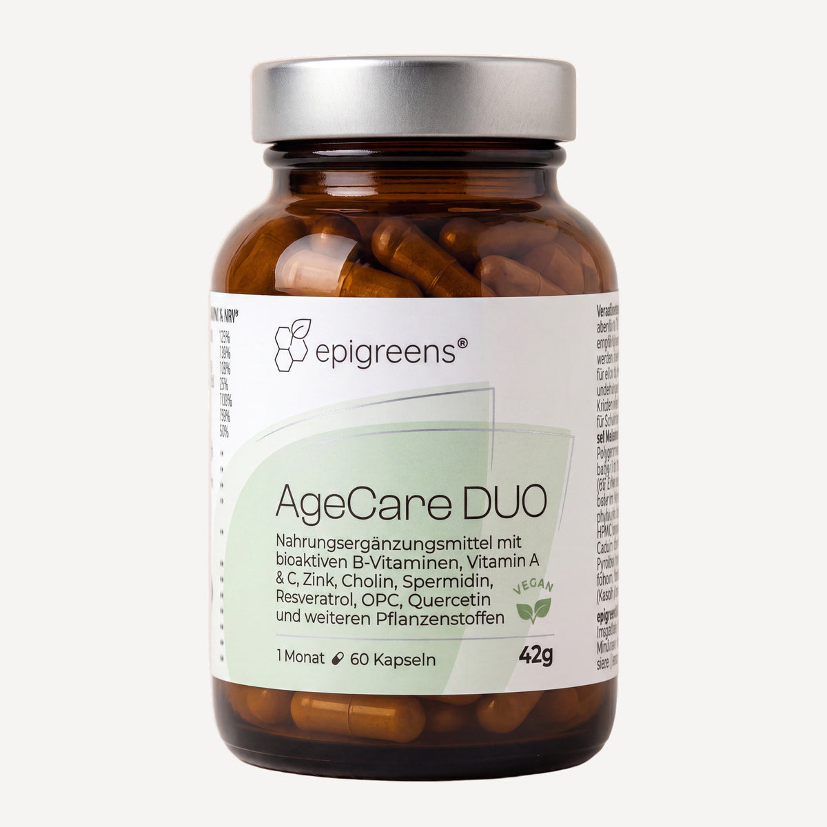 AgeCare DUO von epigreens® – Braunglas mit 60 Kapseln für 1 Monat, Vorderseite mit Etikett