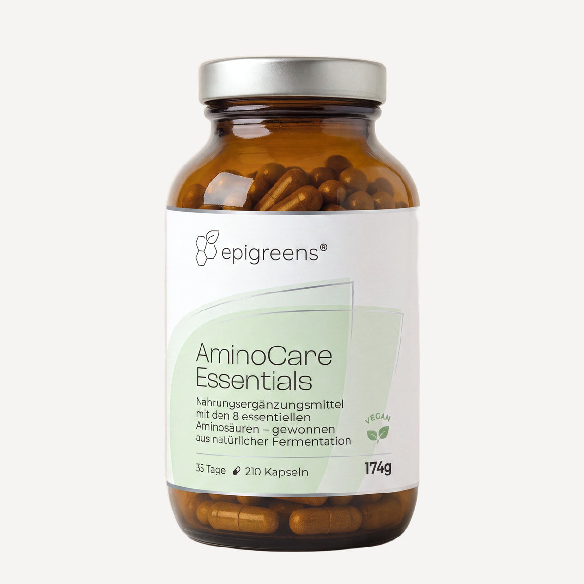 AminoCare Essentials von epigreens® – Braunglas mit 210 Kapseln für 35 Tage, Vorderseite mit Etikett