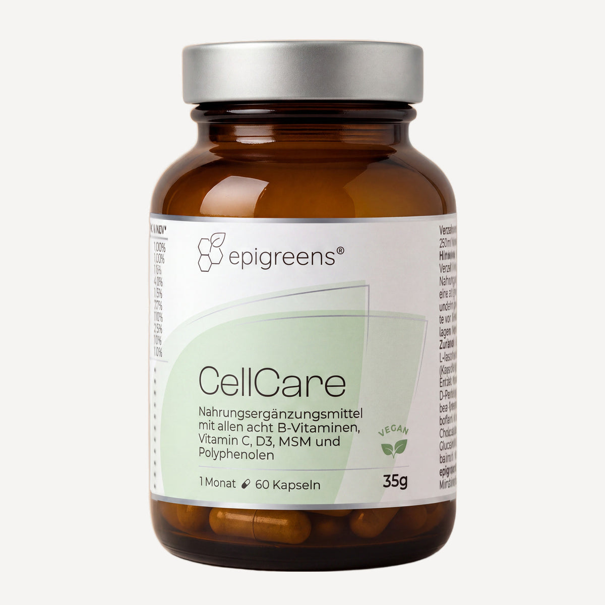 CellCare von epigreens® – Braunglas mit 60 Kapseln für 1 Monat, Vorderseite mit Etikett