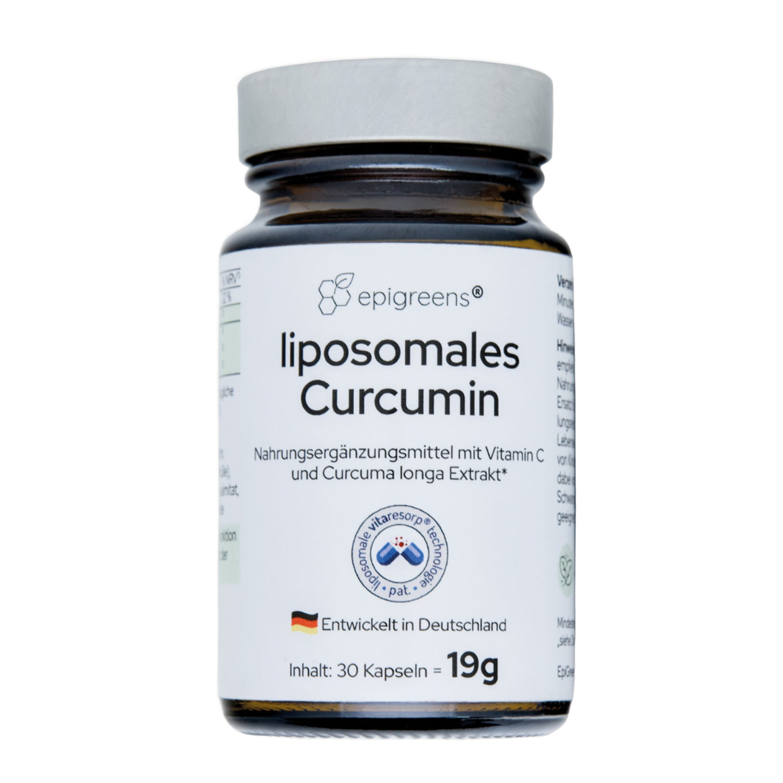 Liposomales Curcumin von epigreens® – Braunglas mit 30 Kapseln für 1 Monat, Vorderseite mit Etikett