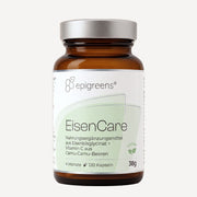 EisenCare von epigreens® – Braunglas mit 120 Kapseln für 4 Monate, Vorderseite mit Etikett