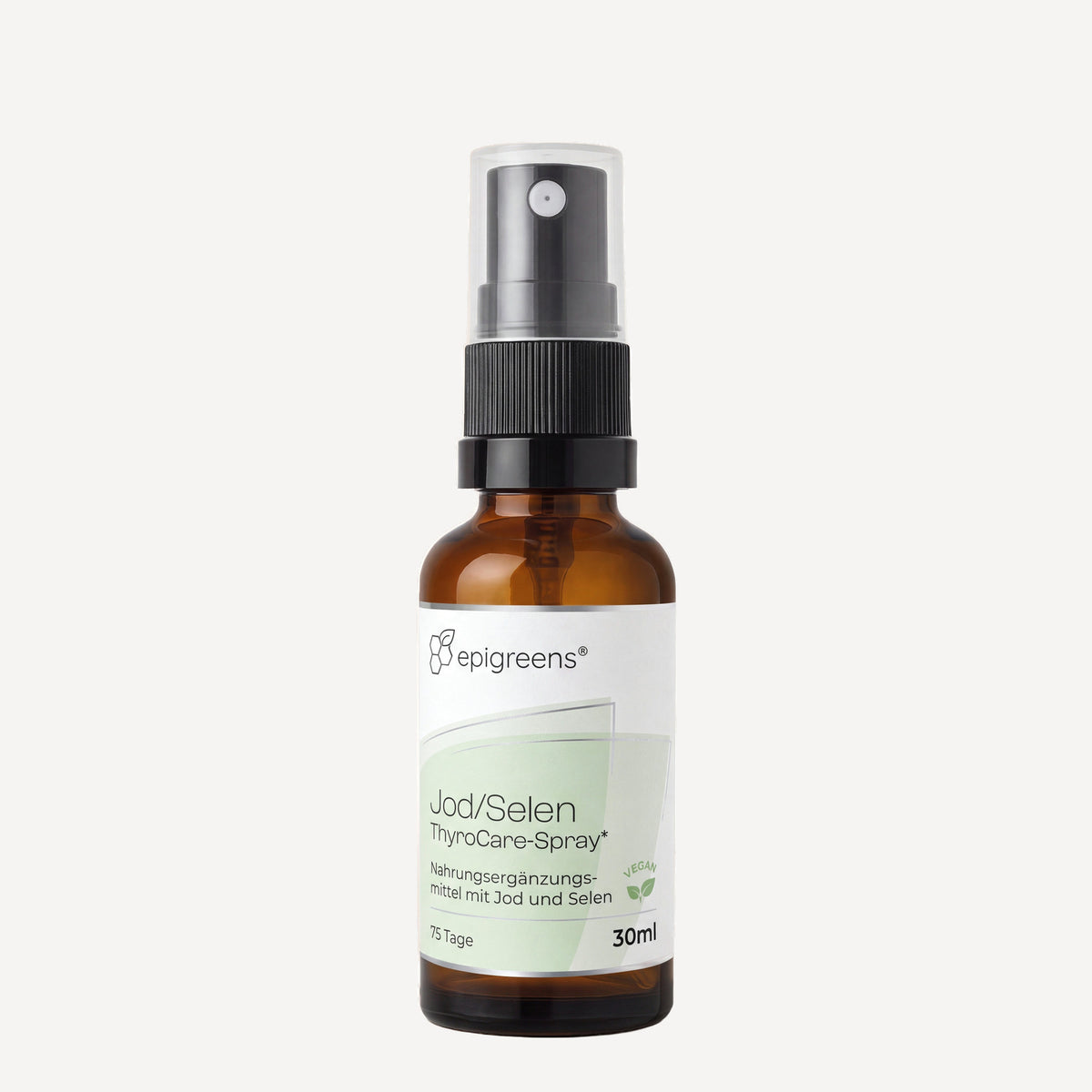 Jod/Selen ThyroCare-Spray von epigreens® – Braunglasflasche 30 ml mit Sprühkopf, Vorderseite mit Etikett
