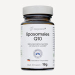 Liposomales Q10 von epigreens® – Braunglas mit 30 Kapseln für 1 Monat, Vorderseite mit Etikett
