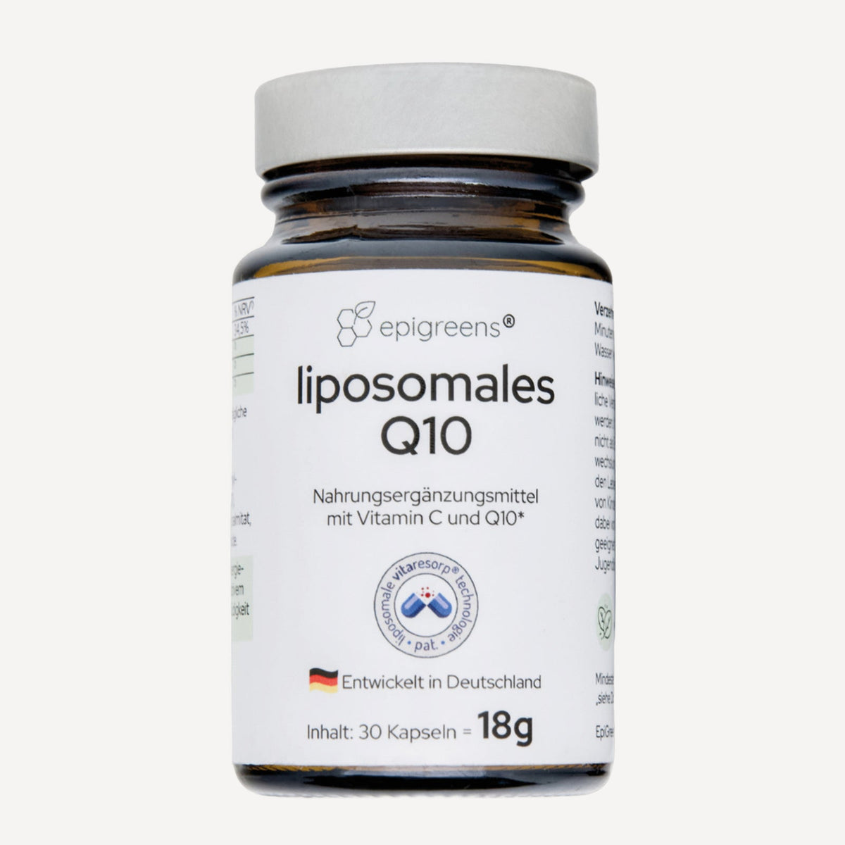 Liposomales Q10 von epigreens® – Braunglas mit 30 Kapseln für 1 Monat, Vorderseite mit Etikett