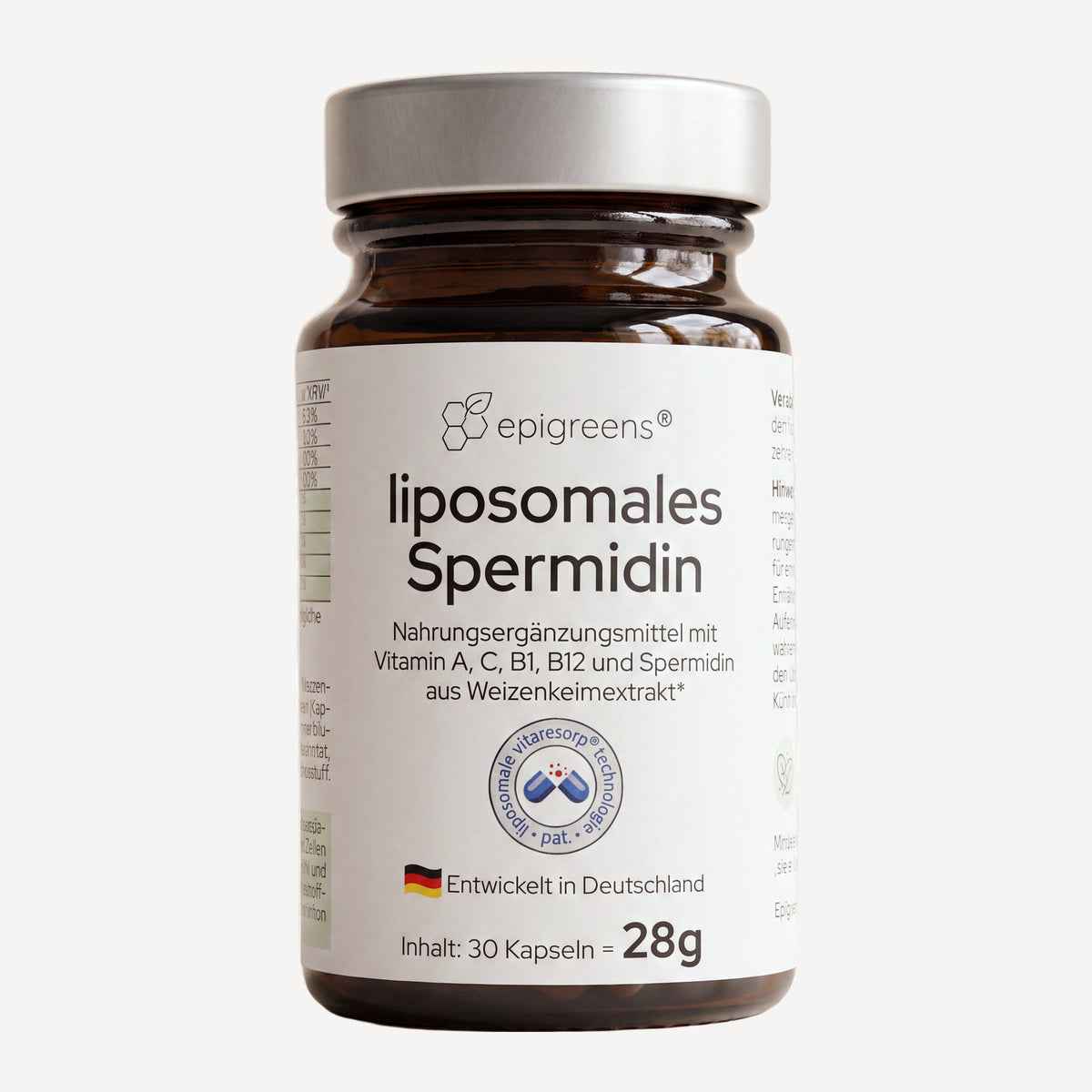 Liposomales Spermidin von epigreens® – Braunglas mit 30 Kapseln für 1 Monat, Vorderseite mit Etikett