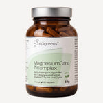 MagnesiumCare 7 Komplex von epigreens® – Braunglas mit 60 Kapseln für 1 Monat, Vorderseite mit Etikett
