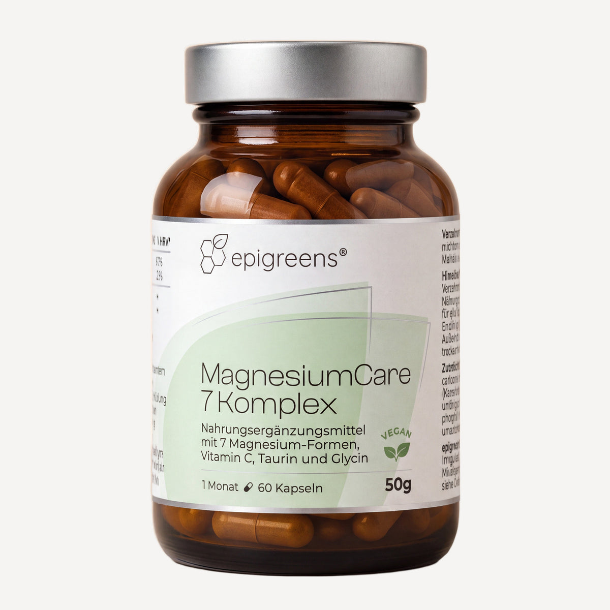 MagnesiumCare 7 Komplex von epigreens® – Braunglas mit 60 Kapseln für 1 Monat, Vorderseite mit Etikett
