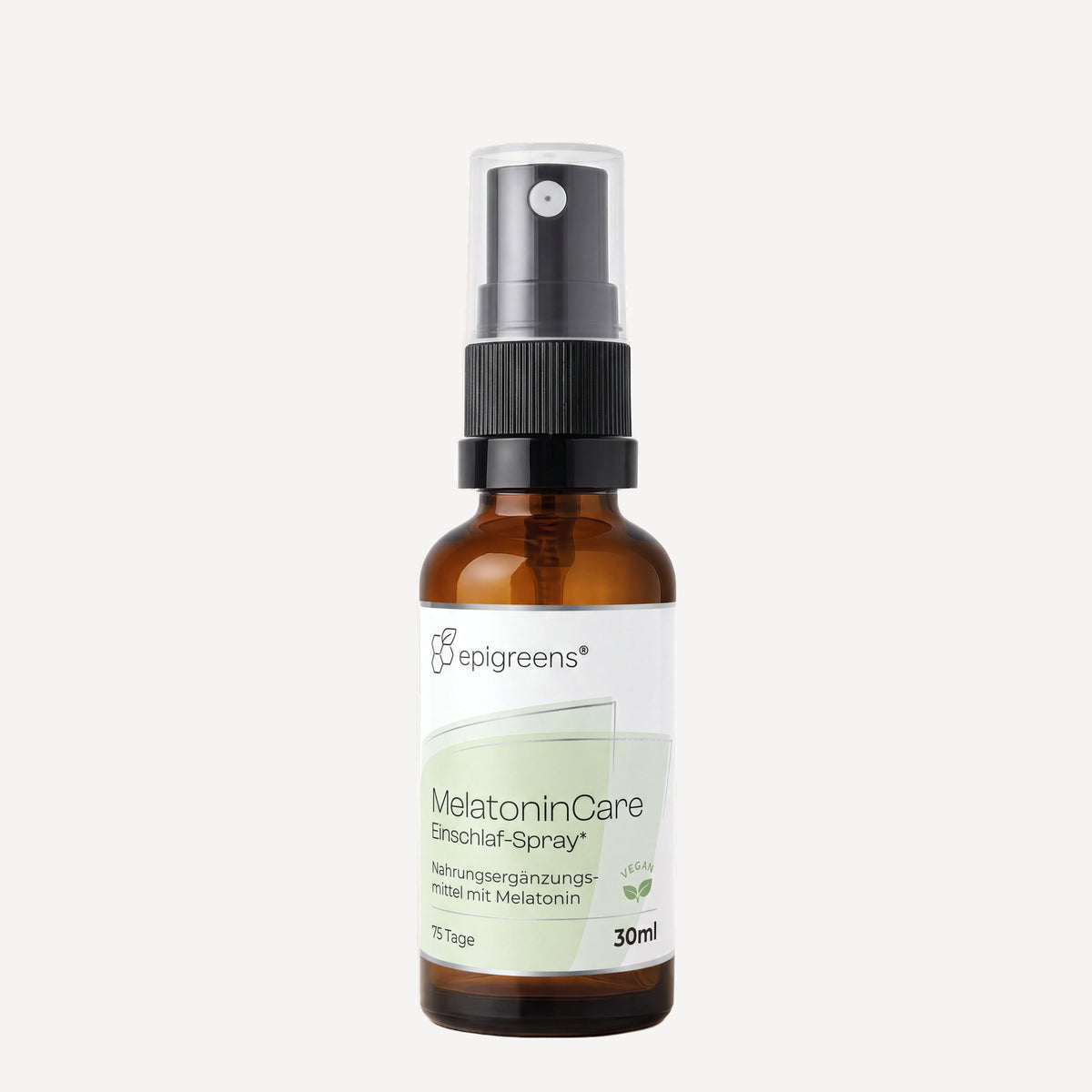 MelatoninCare von epigreens® – Braunglasflasche 30 ml mit Sprühkopf, Vorderseite mit Etikett