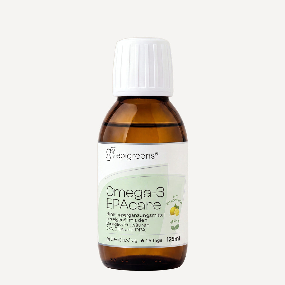 Omega-3 EPAcare von epigreens® – Braunglasflasche 125 ml Algenöl, Vorderseite mit Etikett