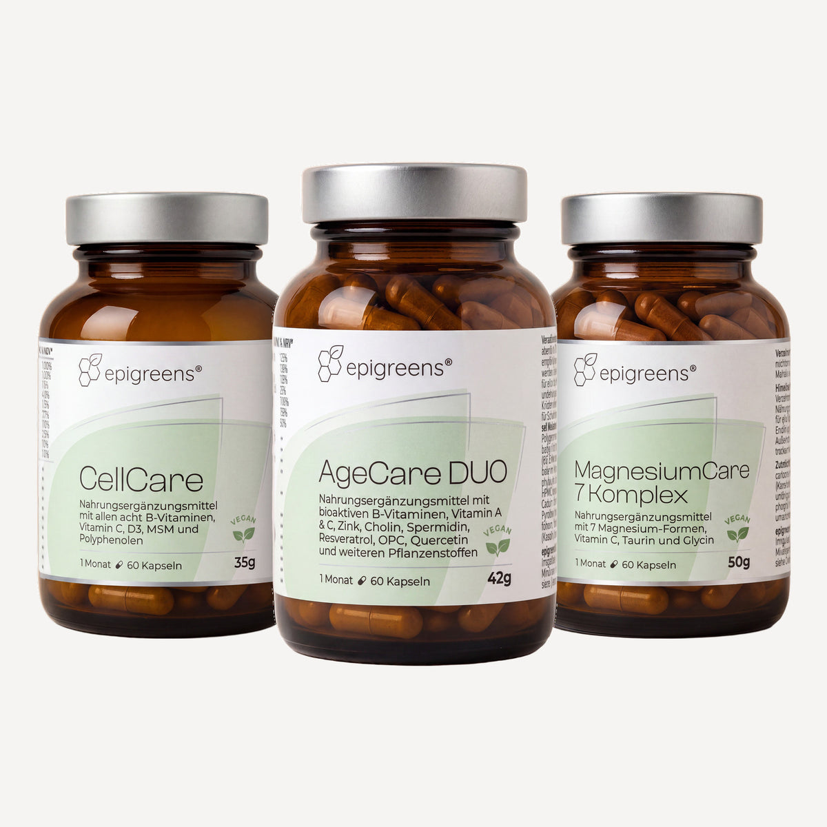 Zell-Bundle von epigreens® – drei Braungläser: CellCare, AgeCare DUO und MagnesiumCare 7 Komplex